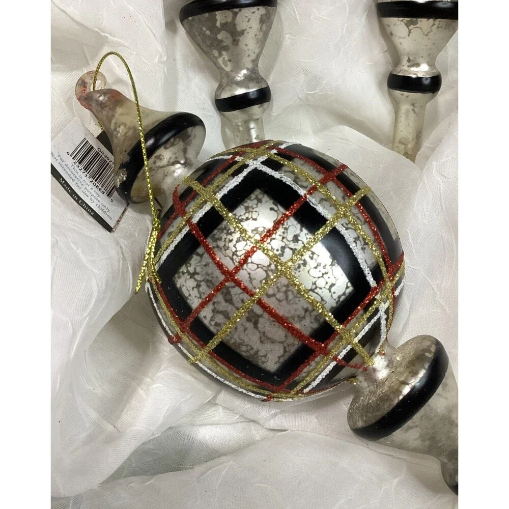 Mercury Glass Finial Christmas Plaid Ornaments X5 Black, Red, Gold & Silver 9
